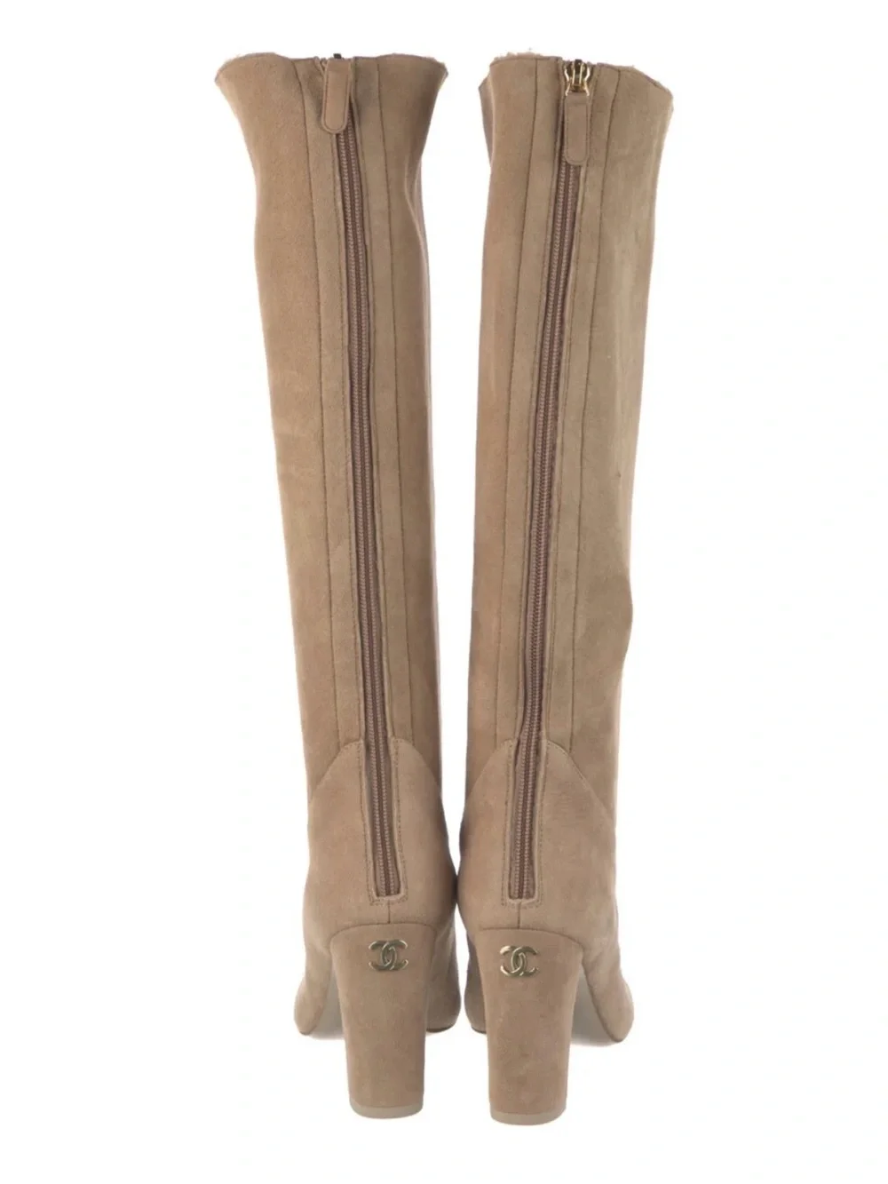 CHANEL Taupe Sued Boots with Black Cap Toe